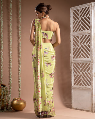 Elephant print green pre-drape saree set