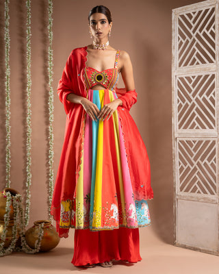 Multicolor red horse print anarkali suit set