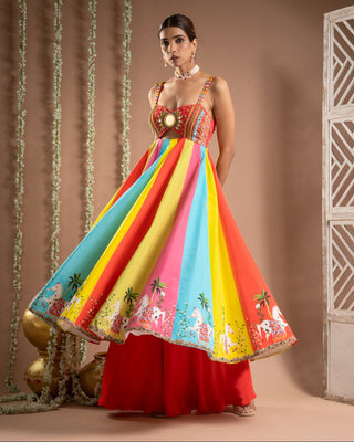 Multicolor red horse print anarkali suit set