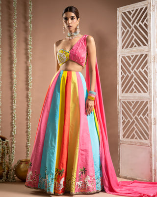 Multicolor one shoulder lehenga set