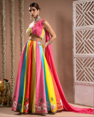 Multicolor one shoulder lehenga set