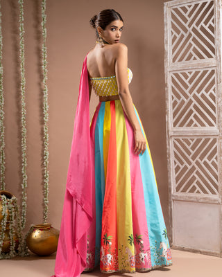 Multicolor one shoulder lehenga set