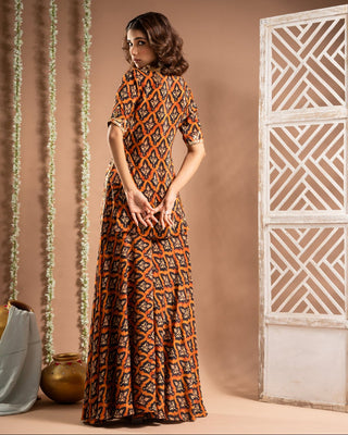 Rust printed indo kurta set