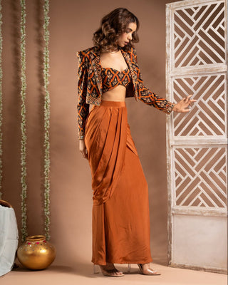 Rust printed drape and coat set