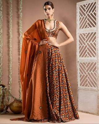 Rust printed lehenga set