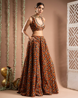 Rust printed lehenga set