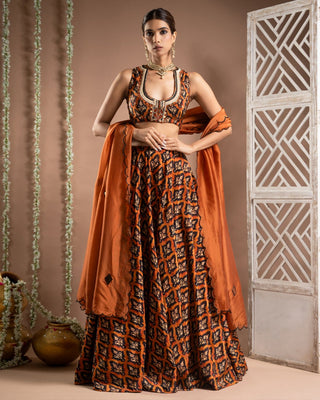 Rust printed lehenga set