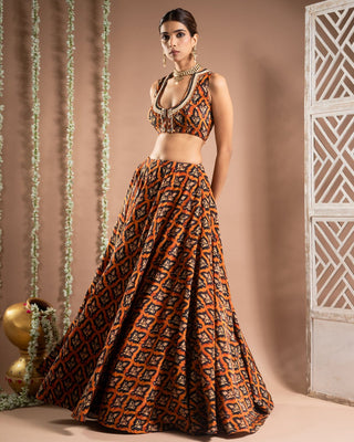 Rust printed lehenga set