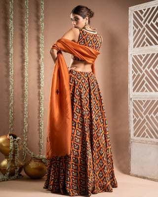 Rust printed lehenga set