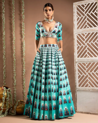 Blue ombre digital print indo-lehenga set