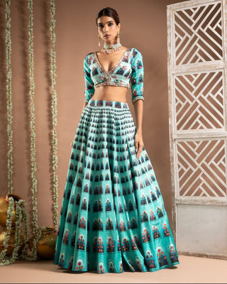 Blue ombre digital print indo-lehenga set