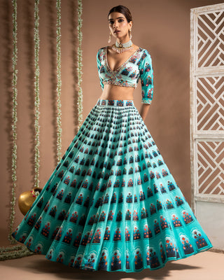 Blue ombre digital print indo-lehenga set