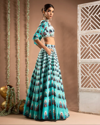 Blue ombre digital print indo-lehenga set