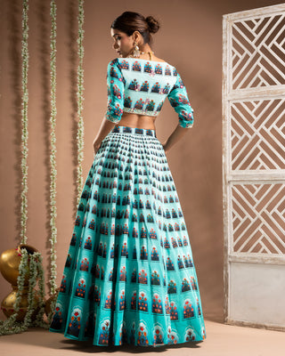 Blue ombre digital print indo-lehenga set