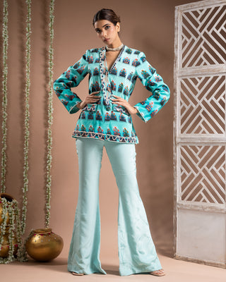 Blue ombre printed coat pant set