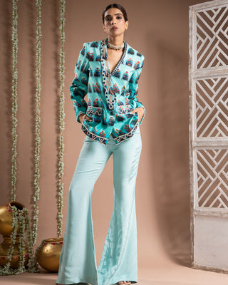 Blue ombre printed coat pant set