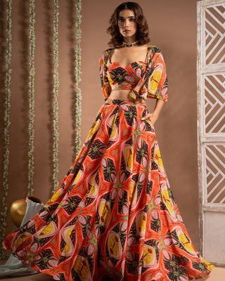 Multicolor abstract print cape lehenga set