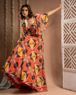 Multicolor abstract print cape lehenga set