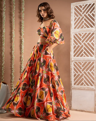 Multicolor abstract print cape lehenga set