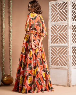 Multicolor abstract print cape lehenga set