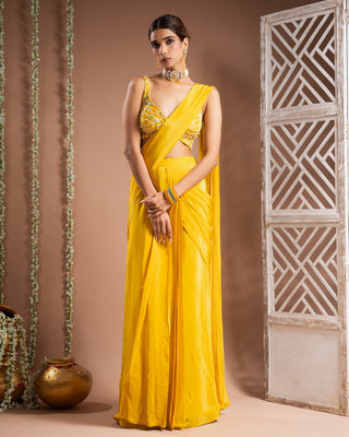 Yellow pre-drape saree set