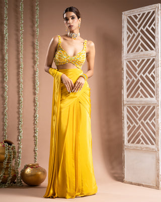 Yellow pre-drape saree set