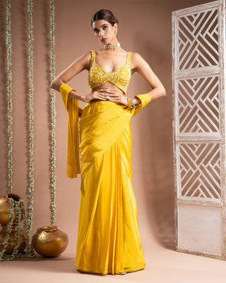 Yellow pre-drape saree set