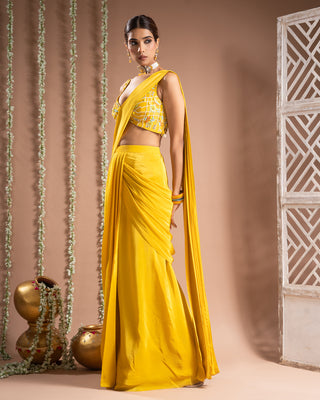 Yellow pre-drape saree set