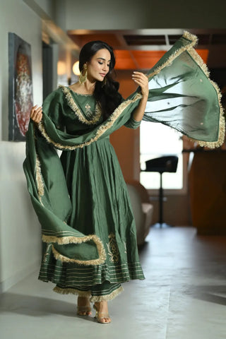 Mehendi green chanderi silk anarkali suit set