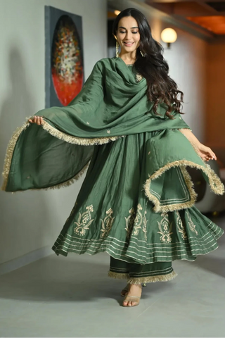 Mehendi green chanderi silk anarkali suit set