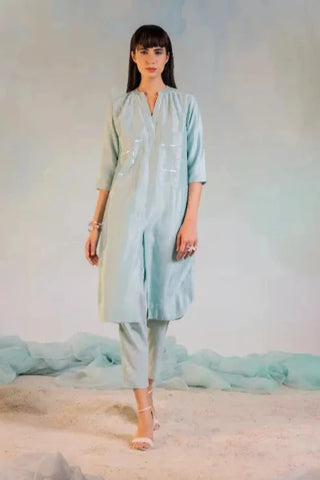 Green sequin front slit kurta set