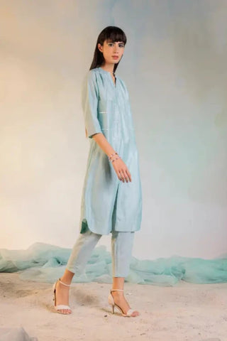 Green sequin front slit kurta set