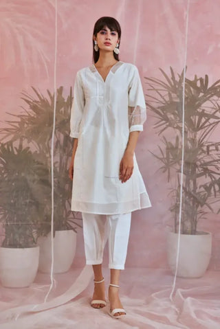 White sequin placket kurta with pleated pants