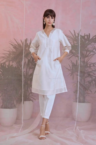 White sequin placket kurta with pleated pants