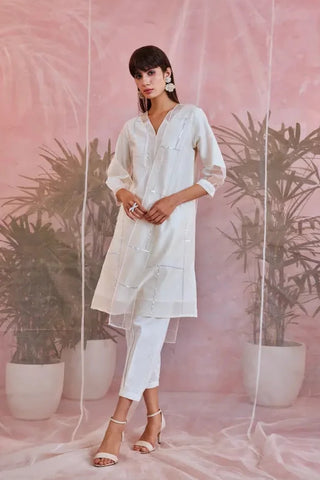 White sequin placket kurta with pleated pants