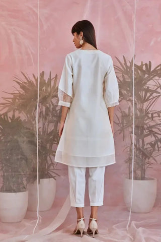 White sequin placket kurta with pleated pants