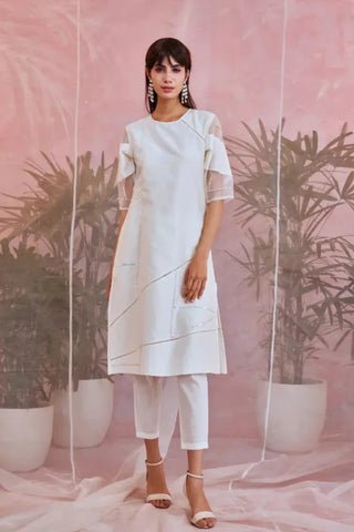 White sequin kurta with organza trims