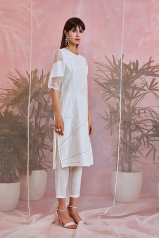 White sequin kurta with organza trims