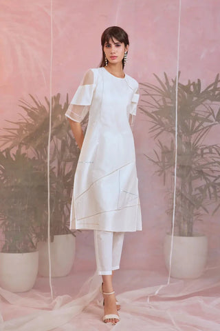 White sequin kurta with organza trims