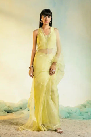 Yellow sequin organza pre-stitched saree