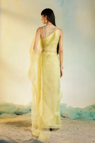 Yellow sequin organza pre-stitched saree