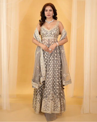 Gray floral anarkali set