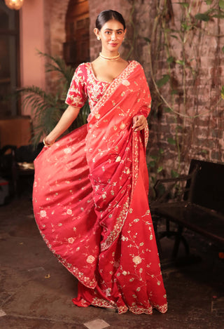 Red antique jaal saree and blouse