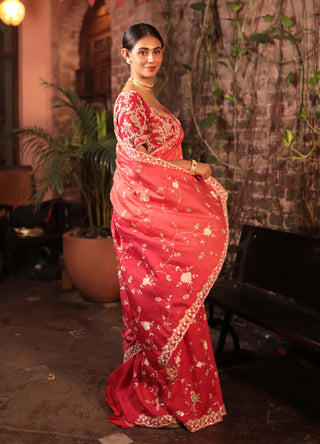 Red antique jaal saree and blouse