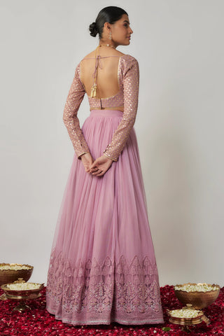 Mauve sequin & thread embroidered net lehenga set