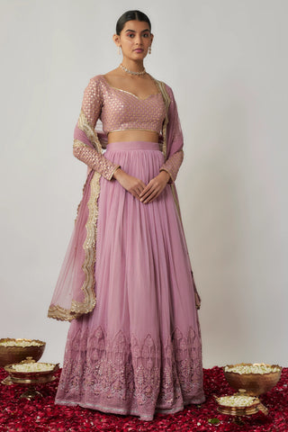 Mauve sequin & thread embroidered net lehenga set