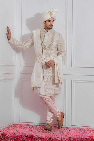 White sadiqabad sherwani set