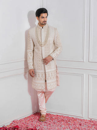 White sadiqabad sherwani set