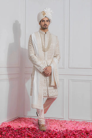 White sadiqabad sherwani set