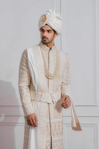 White sadiqabad sherwani set